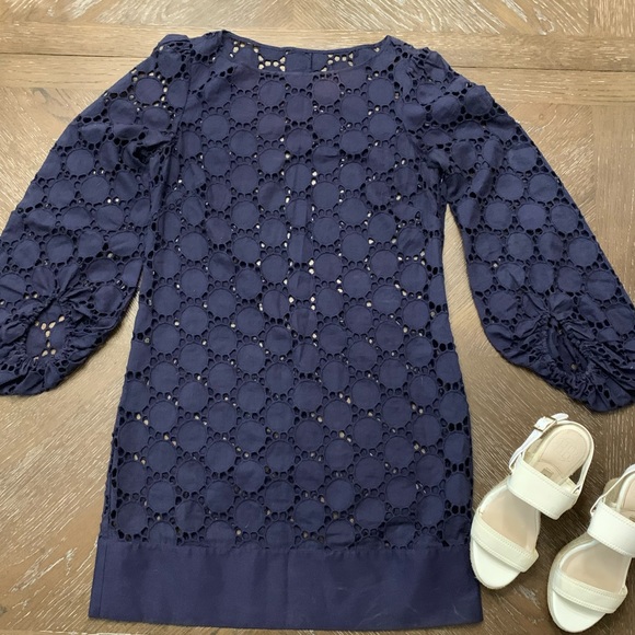 Laundry by Shelli Segal navy blue cotton lace  puffed sleeves mini dress Size 2 - Picture 3 of 7